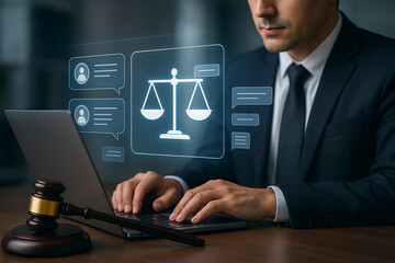 Legal professional using laptop with digital hologram interface showing law balance symbol and online justice system communication in modern legal tech environment