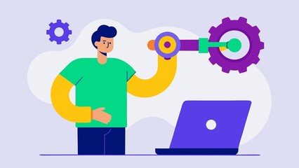 Man with robotic arm connecting gears to laptop for automation and technology concept isolated on transparent background