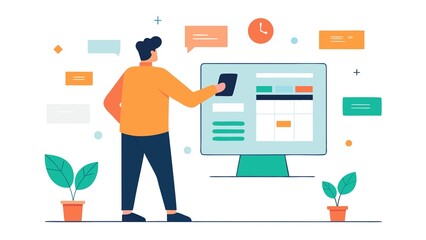 Man interacting with a digital interface on a computer screen with plants and chat bubbles isolated on transparent background