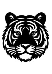 A fierce tiger stares intensely in a black and white vector illustration
