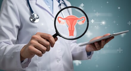 Doctor examines female reproductive system anatomy with magnifying glass and tablet