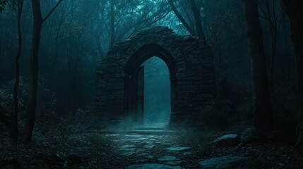 Mystical stone archway in a misty forest