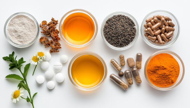 AI generator images of Close-up of a tablespoon filled with various dietary supplements, pills and vitamins. Herbal supplements, natural remedies