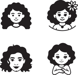 Girl faces icon set. Cute girls faces with curly hairs.