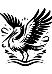 Obraz premium A black and white pelican illustration with wings spread