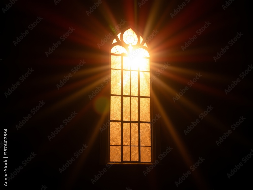 Aufkleber sunlight streaming through a tall arched window in a dark room creating bright rays of light