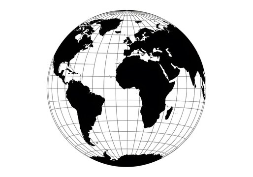 A Black and White Detailed Globe Illustration Showing Continents and Latitude Longitude Lines