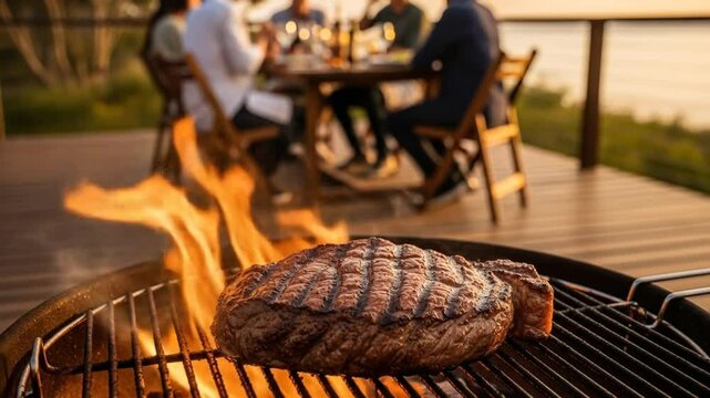 Preparing a Juicy Steak on a Hot Grill During a Warm Outdoor Evening Celebration