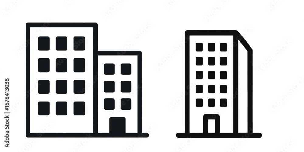 Poster two sets of buildings with windows and doors in a simple line drawing on transparent background silh