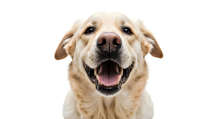 Close-up portrait of a happy, smiling golden retriever dog against a clean white background, capturing its friendly and joyful expression, perfect for pet-related content