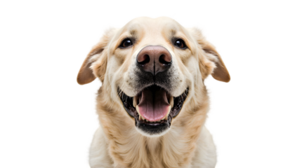 Close-up portrait of a happy, smiling golden retriever dog against a clean white background, capturing its friendly and joyful expression, perfect for pet-related content