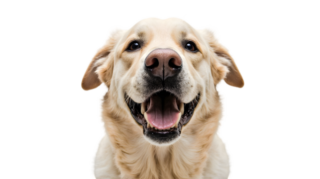 Close-up portrait of a happy, smiling golden retriever dog against a clean white background, capturing its friendly and joyful expression, perfect for pet-related content