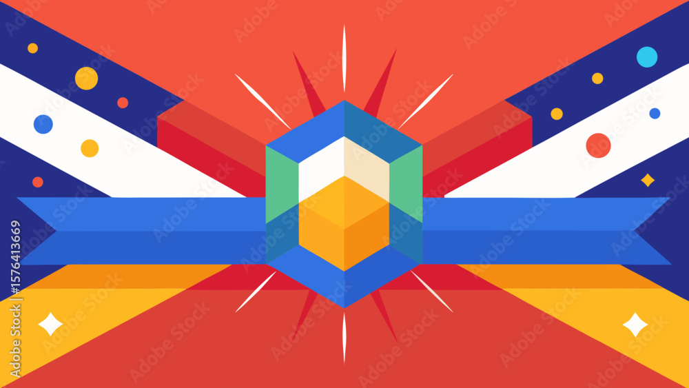 Poster colorful abstract geometric design with cube shape, ribbon, and dynamic background in bold modern st