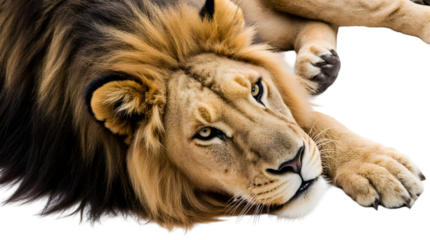 Majestic Lion Lounging Portrait A Beautiful Wildcat in a Relaxed Pose with Golden Eyes