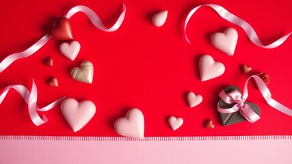 Obraz premium Valentine's day themed flat lay with heart shaped chocolates and a ribbon on a red background