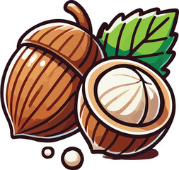 Cartoon illustration of hazelnuts with a green leaf fresh healthy organic natural food