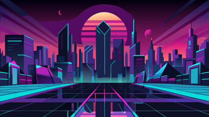 Futuristic cyberpunk cityscape with neon lights, glowing skyscrapers, and digital grid in retro 80s synthwave style