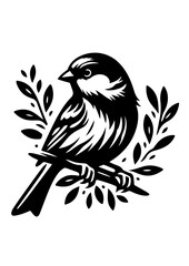 Fototapeta premium A charming sparrow perched on a leafy branch, isolated on white background