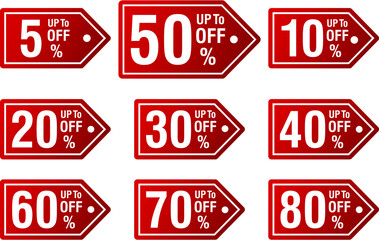 Set of discount label vector illustrations with 10, 20, 30, 40, 50, 60, 70, 80, 90 percent. Red and yellow promotion design for sale, special offer, clearance tag, sticker, or retail ad.