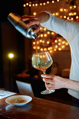 Bartender crafting cocktail in dimly lit bar with string lights