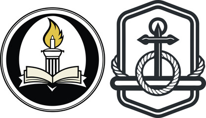 Open book with flame and pillar emblem and anchor with rope emblem logo