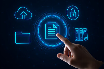Finger pointing toward digital document icon with cloud upload secure folder and data management tools in futuristic file protection and information storage system