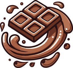 Delicious chocolate bar surrounded by swirls and drips of melted chocolate in vector illustration
