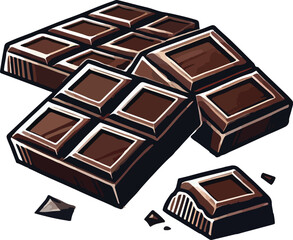 Delicious dark chocolate bars illustration with broken pieces on a white background