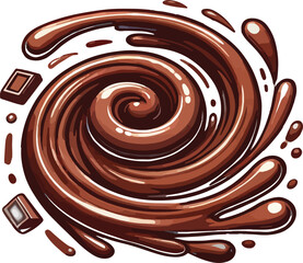 Delicious flowing chocolate swirl illustration with chocolate pieces and splashes on white background.