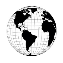 A Black and White illustration of the Earth Globe with Gridlines Highlighting Continents