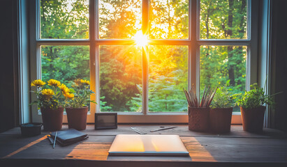 AI generator image of View Outside Window Living Room with Plant, flower shop with a window and flowers on a shelf table, Flower Shop with Bouquets and Flowerpots Display