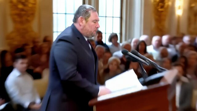 Conference speaker delivers a speech from a wooden podium in a luxurious ballroom, addressing a large audience of attendees seated in rows of chairs