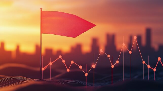 Red flag on a pole with a city skyline and a graph at sunset, symbolizing achievement and success.