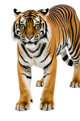 Fototapeta premium Majestic Bengal Tiger Prowling Forward on a Clean White Background, Capturing its Powerful Presence and Striking Orange and Black Stripes in High Detail