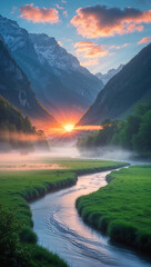 A majestic sunrise illuminates a serene valley