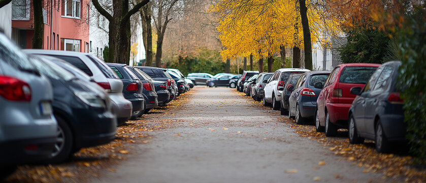 AI Generator images of Row of automobiles cars parked neatly in parking lot area on the street perspective Parking lot in city park