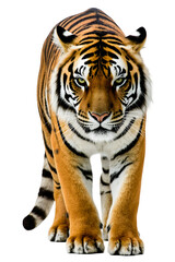 Obraz premium A majestic tiger walking forward with a powerful and intense stare directly at the camera, isolated on a clean white background for easy use