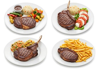 Collection of perfectly cooked beef steaks, beautifully isolated on white with various gourmet sides: fresh salad, creamy risotto, tender asparagus, french fries and crispy onion rings