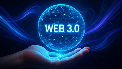 Hand holding glowing digital globe displaying web 3.0 network representing next generation internet connectivity with futuristic blockchain decentralized innovation and data access platform
