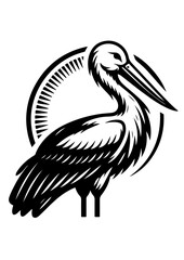 A black and white stork illustration with a circular frame