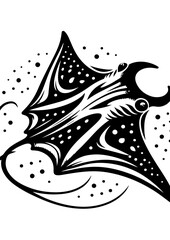 A black and white manta ray swimming in the ocean illustration