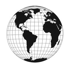 Black and White Globe Illustration: A Simple Representation of Earth's Continents and Grid