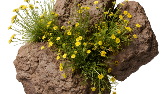 Vibrant yellow wildflowers burst forth from a rugged stone landscape, beautifully illustrating nature's enduring resilience and the tenacious spirit of life finding its way