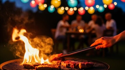 Sizzling meat on a hot barbecue at a lively outdoor evening gathering under colorful glowing lights.