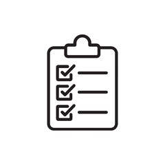 A simple black outline icon of a clipboard with a checklist. Three items are marked with checkmarks, indicating completion or approval.