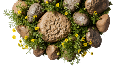 Tranquil Rock Garden Serene Stone Arrangement with Delicate Yellow Flowers, Textured Rock Composition, Natural Garden Art