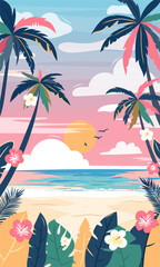 Tropical beach landscape with palm trees, ocean waves, and sunset sky. Colorful summer illustration with exotic leaves and flowers. Perfect for vacation and travel themes
