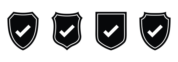 Set of security shield icons, security shields logotypes with check mark and padlock isolated on transparent. Shield security icon. Safety protection sign