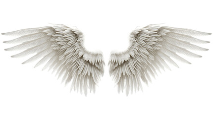 Obraz premium Divine white feathered angel wings spread wide, symbolizing peace, purity, and heavenly protection, isolated on a clean white background for versatile design use