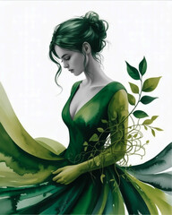 A digital art illustration of a figure in a flowing emerald green dress with a deep V-neckline.